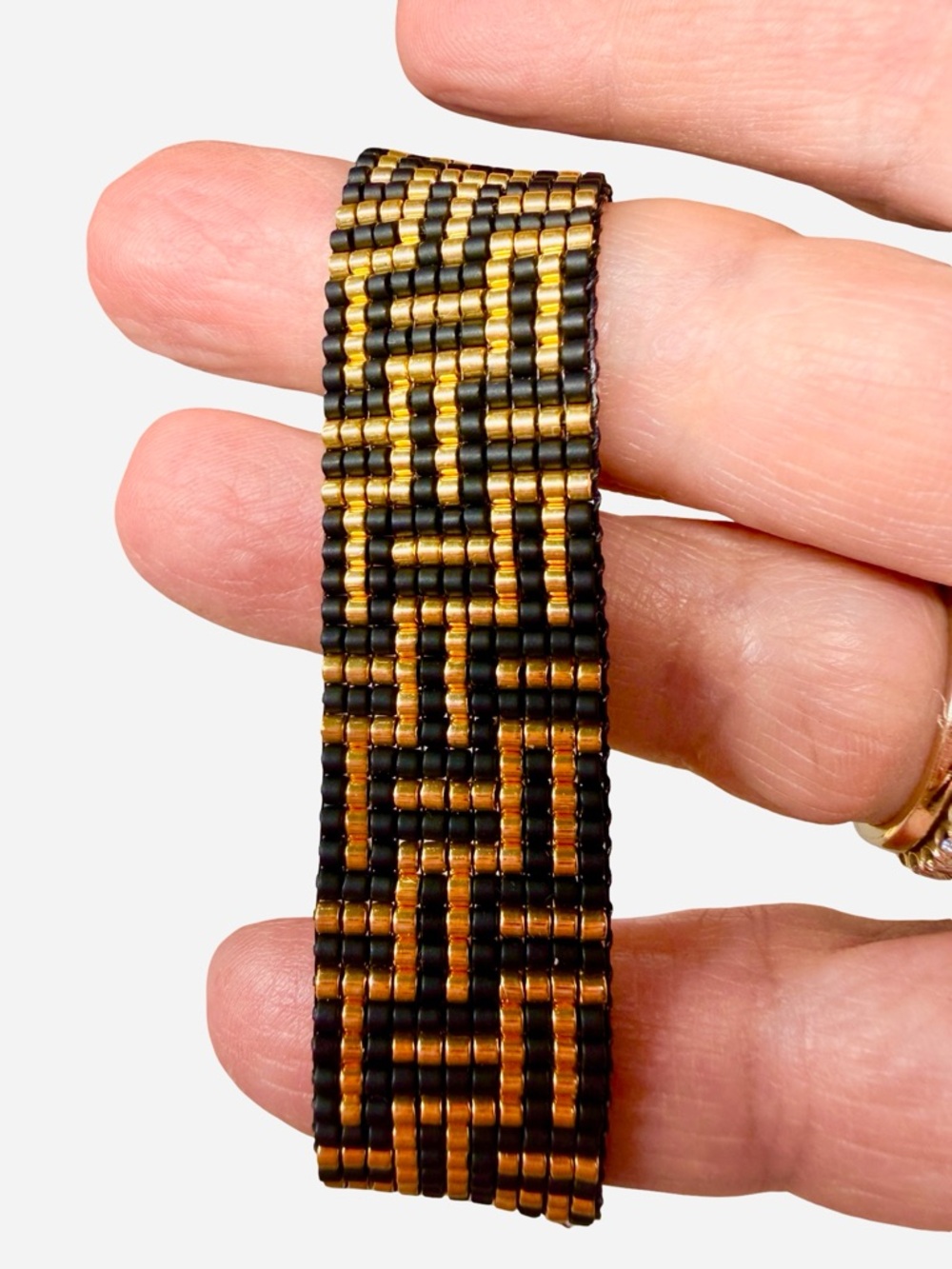 Black Gold Art Deco Beaded Bracelet | Geometric Loom Cuff | CZ Clasp - Picture 6 of 11
